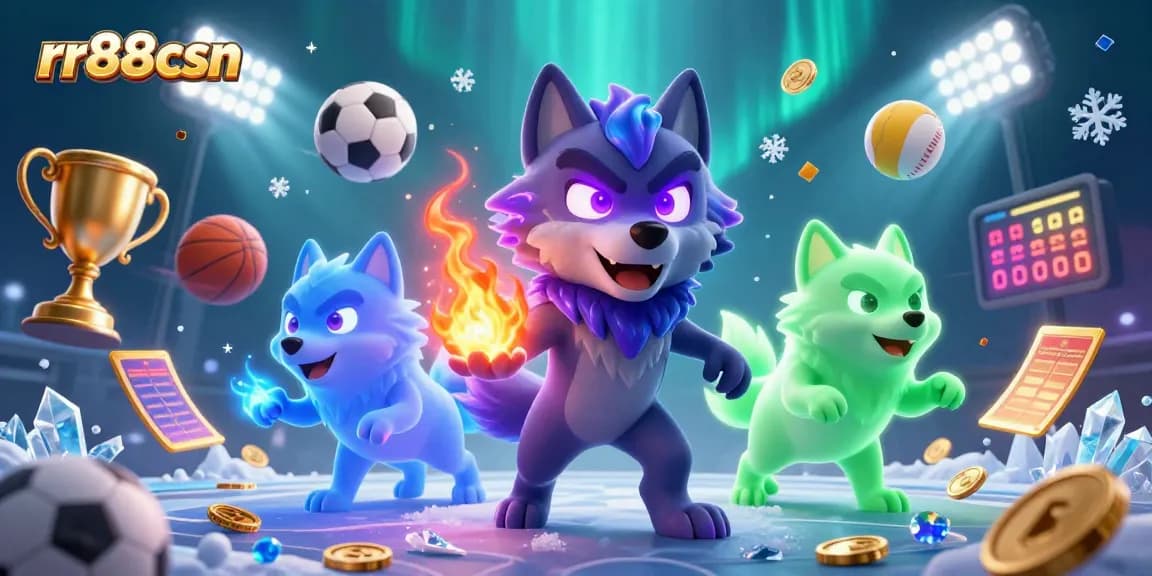 Engage with rr88csn's thrilling betting action, capturing 3D wolves and sports elements in a vivid casino scene.