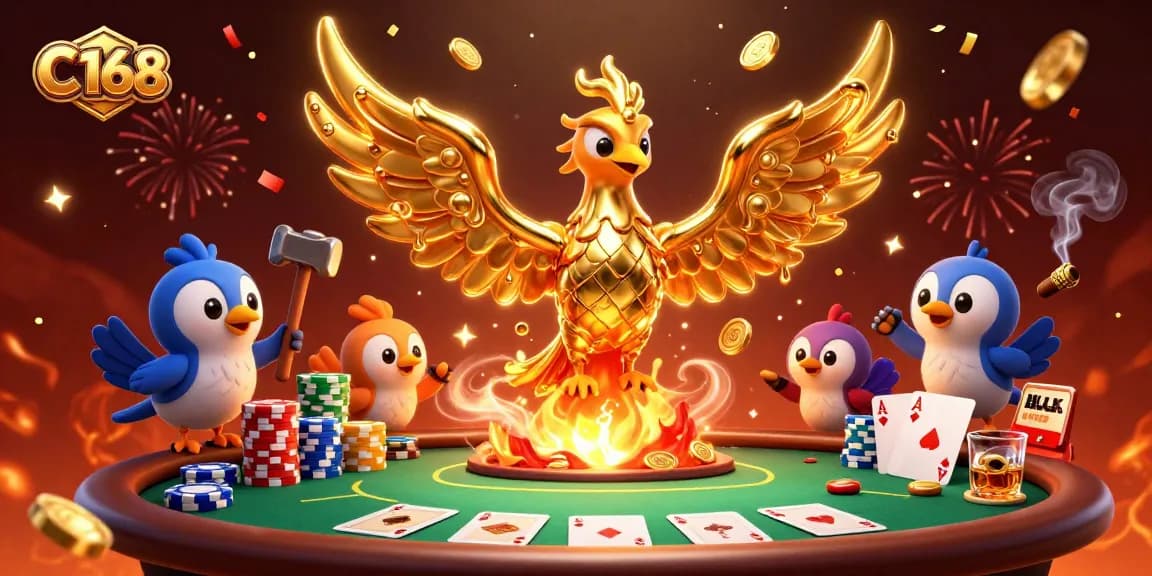 C168 features a molten metal phoenix amidst poker elements, celebrating big wins in a casino.