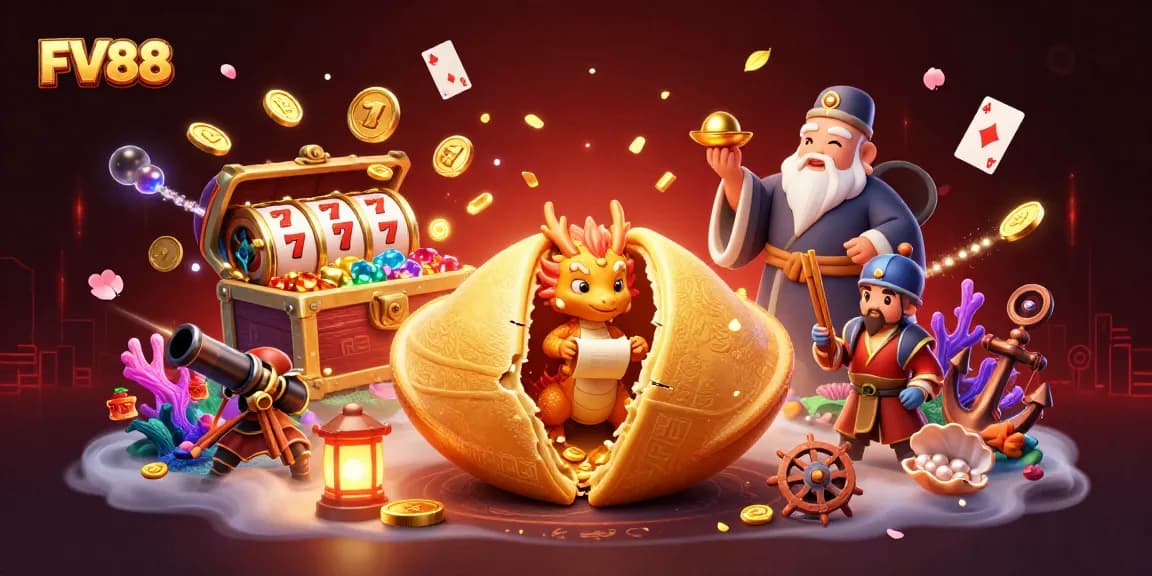 Engage with FV88's vibrant casino illustration featuring a winning golden fortune cookie.