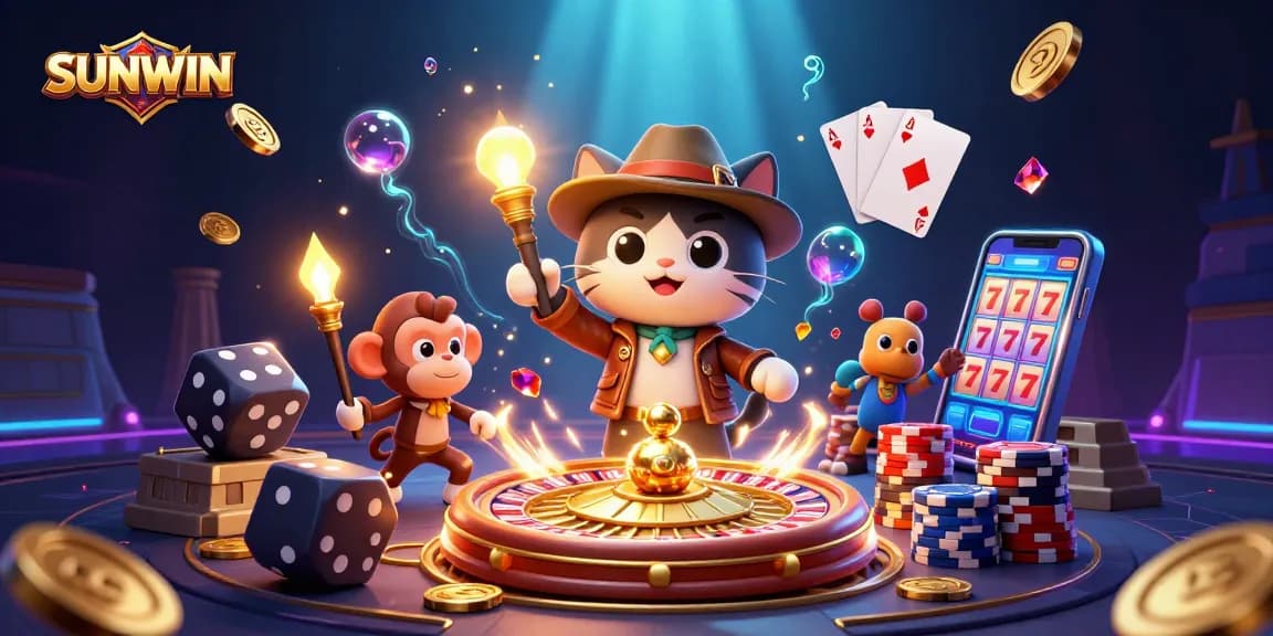 SUNWIN reveals a thrilling casino adventure with an archaeologist cat and monkey in a vibrant 3D scene.