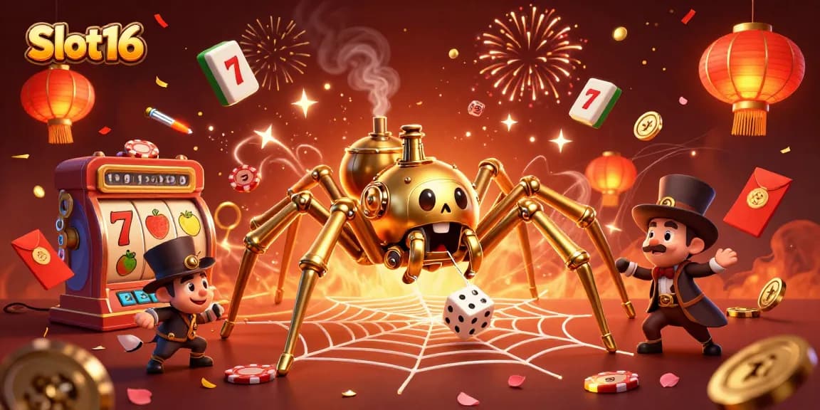 Engage with Slot16's dynamic slot gaming scene featuring vibrant 3D characters and festive effects.