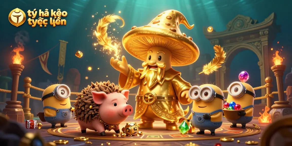 Experience tỷ lệ kèo trực tuyến with a golden mushroom wizard in an energizing casino scene.