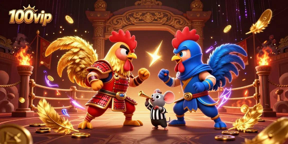 Bet big with 100vip in a dynamic scene featuring battling roosters set in a vibrant casino arena