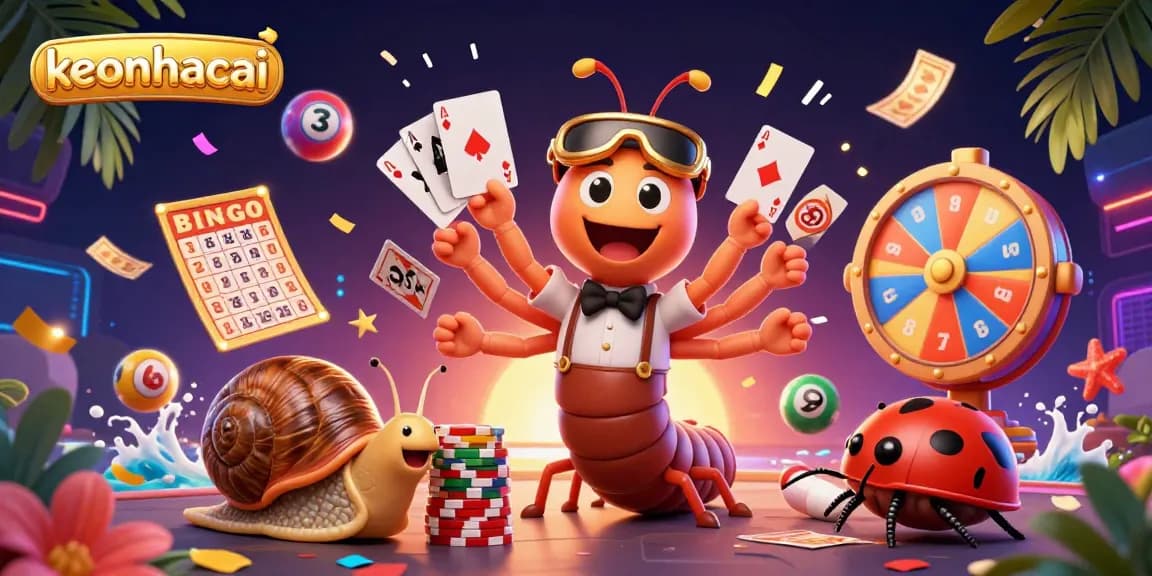Experience exciting gameplay with keonhacai as the 3D cartoon dealer showcases vibrant cards amidst a colorful casino scene.