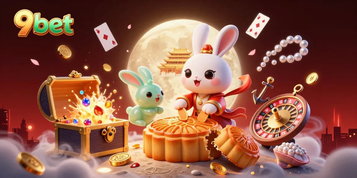 Experience the excitement of 9bet with a dynamic 3D casino scene showcasing a vibrant moon rabbit and poker elements.