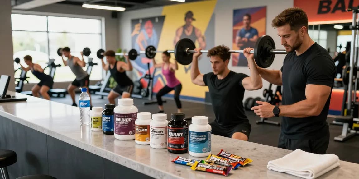 Professionelle Fitnessumgebung mit Global Pharma Steroids Produkten auf einer Theke während intensiven Trainings.