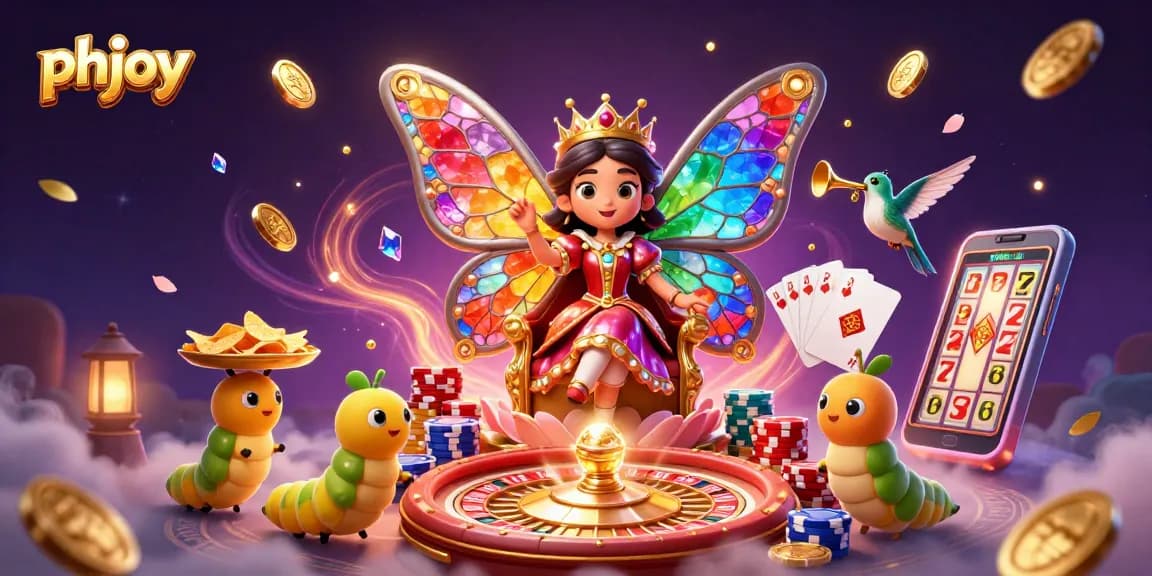 phjoy enhances your gaming with a vibrant butterfly queen in a lively casino scene.