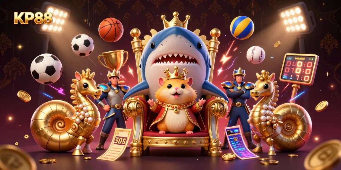 Win at KP88 with immersive 3D casino excitement featuring a golden hamster king and dynamic sports elements.