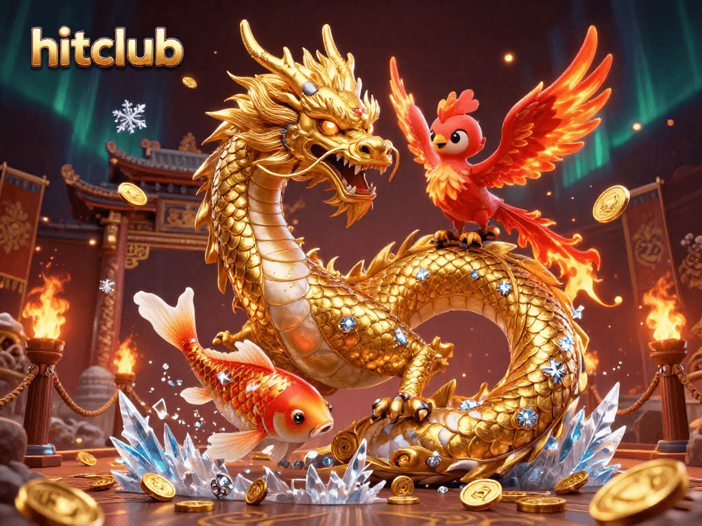 Experience hitclub's exciting online gaming with a vibrant illustration of a dragon, phoenix, and koi fish leaping through coins.