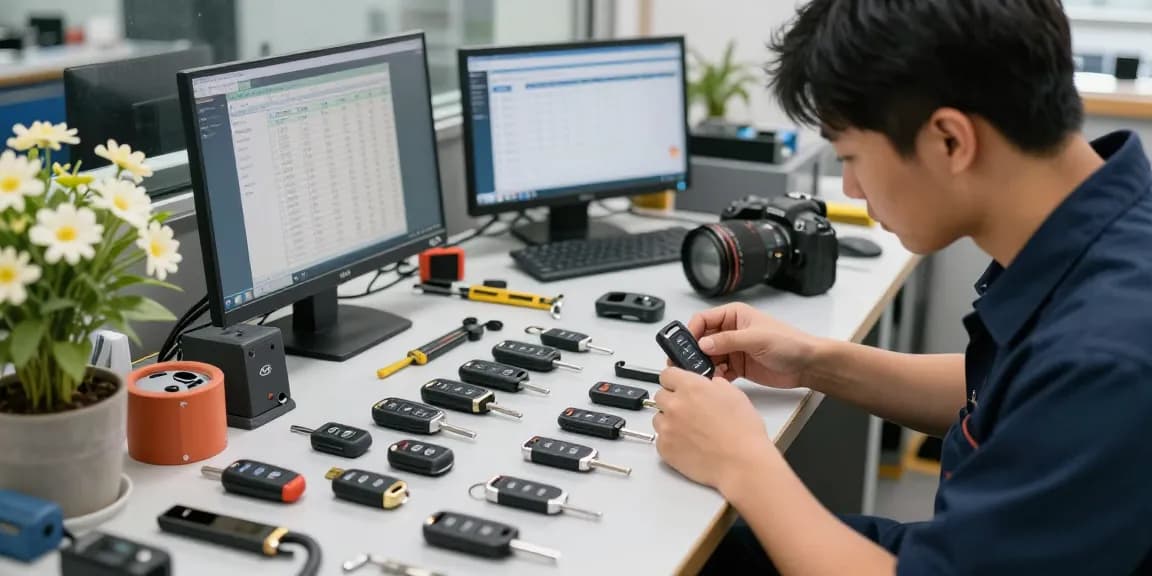 Optimale Autoschlüssel Lösungen hier klicken: Fachmann bei der Arbeit mit Schlüsselmodellen und Werkzeugen.