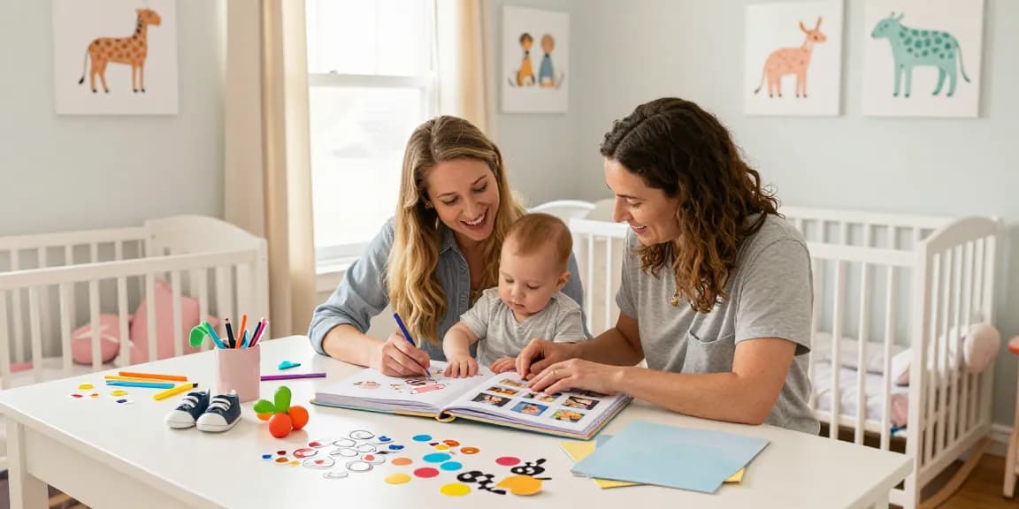 Fangen Sie die Freude am Erstellen eines personalisierten Babyalbums mit bunten Aufklebern und geschätzten Fotografien in einem gemütlichen Kinderzimmer ein.