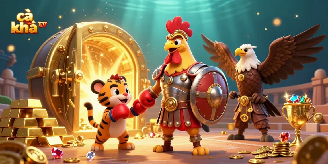 Cà khịa tv showcases a vibrant 3D gladiator rooster scene packed with treasures symbolizing riches and opportunity.