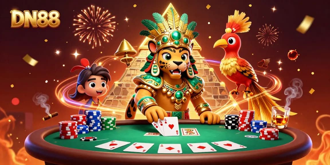 Experience the excitement at DN88 with a dynamic poker scene filled with casino elements.