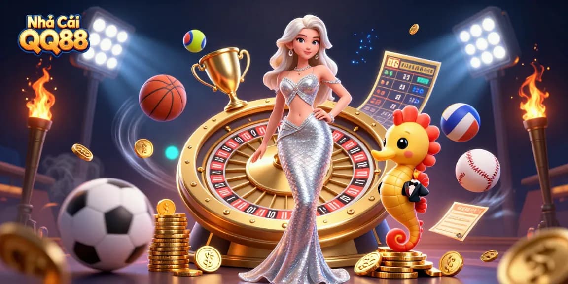 Experience the excitement of betting at Nhà Cái QQ88 with a mesmerizing 3D casino scene full of dynamic energy.