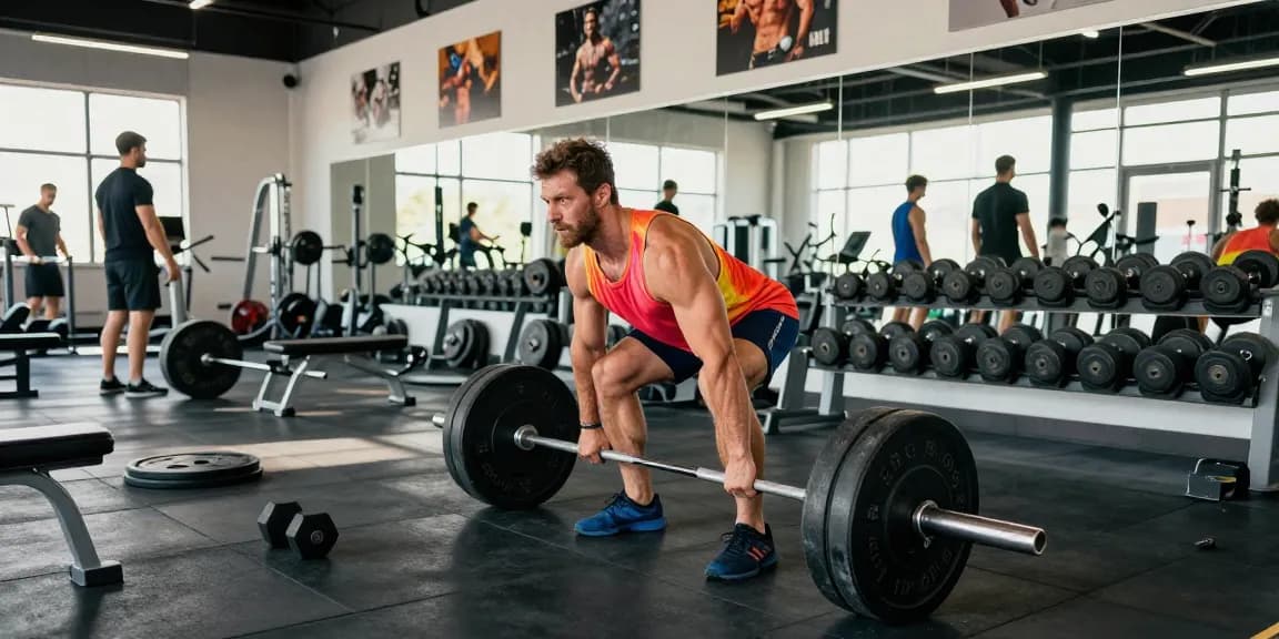 Anabolika Shop für Bodybuilder in einem modernen Fitnessstudio, wo ein Kraftsportler beim Deadlift trainiert, umgeben von Gewichten und motivierender Atmosphäre.