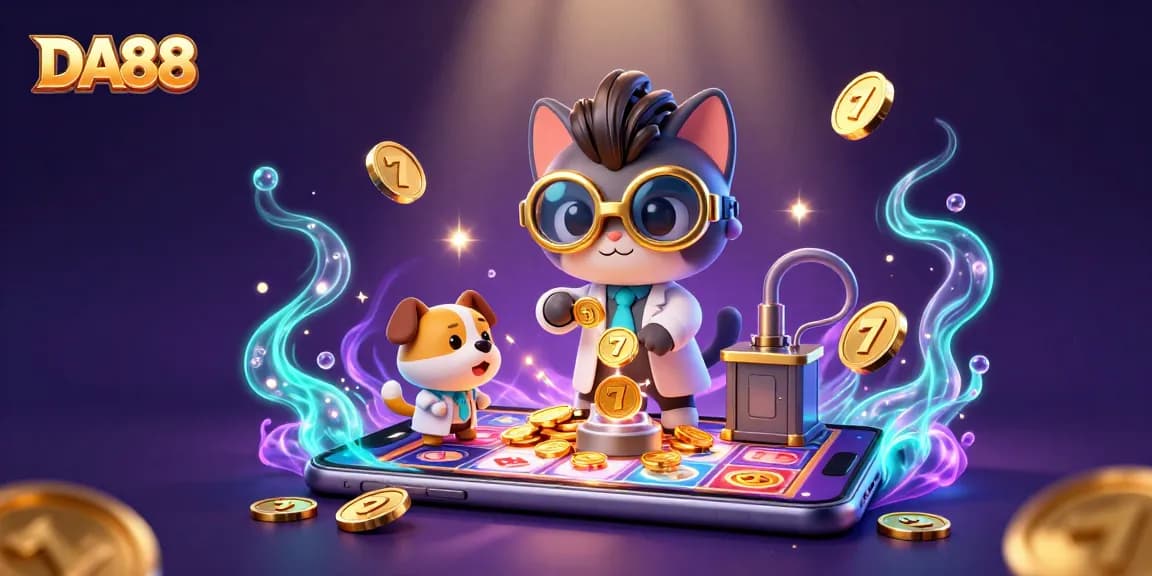 DA88 captures excitement as a mad scientist cat multiplies coins amidst slot game chaos.