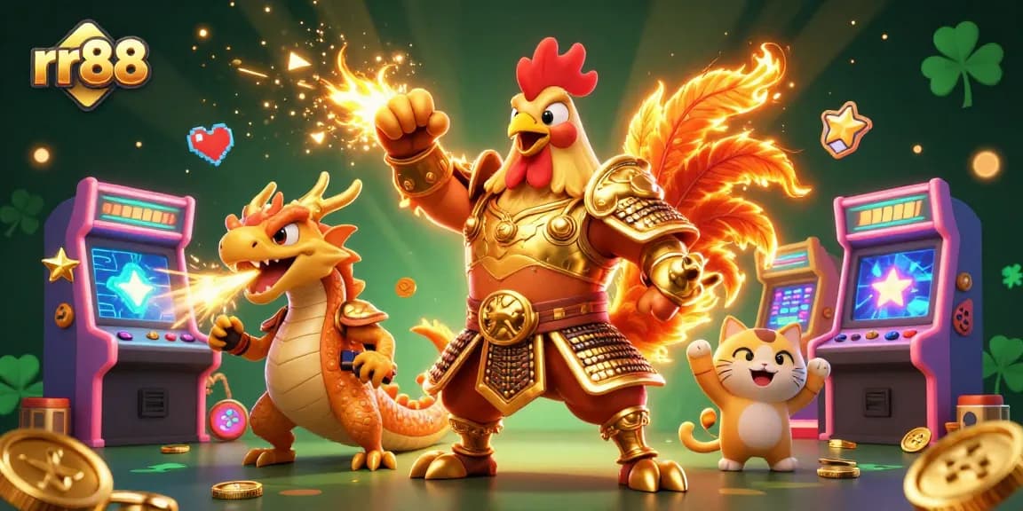 Experience the thrilling world of rr88 with a vibrant rooster warrior and dragon in an engaging casino scene.