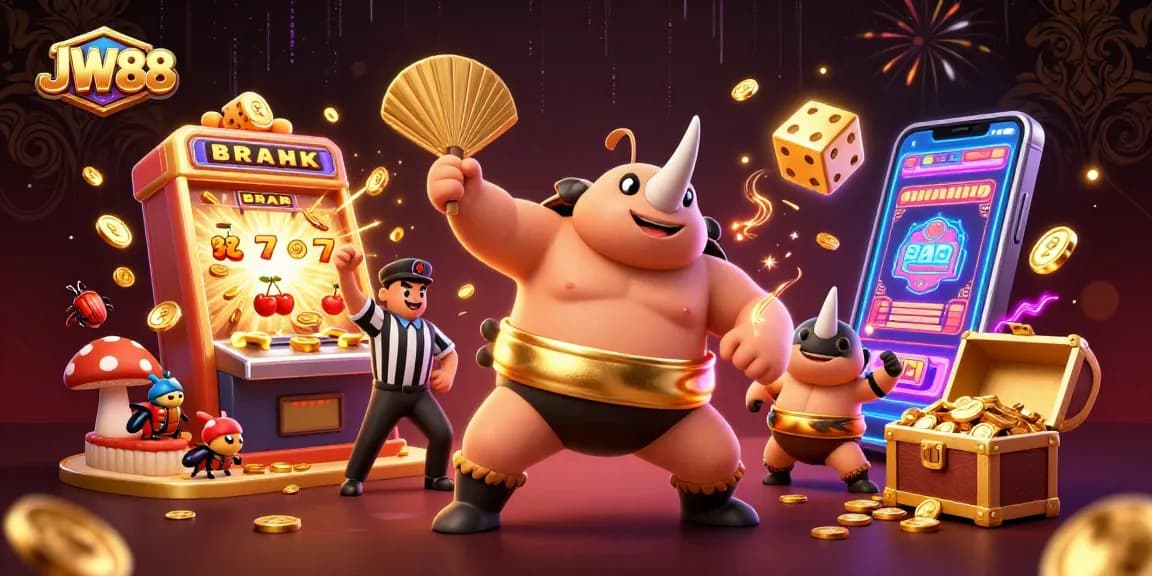 Experience explosive wins at JW88 with a thrilling scene of a beetle sumo champion and a jackpot slot machine.
