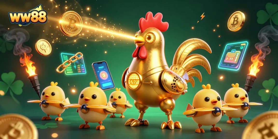 Experience thrilling wins at ww88 with vibrant casino action as golden rooster robots illuminate the scene.