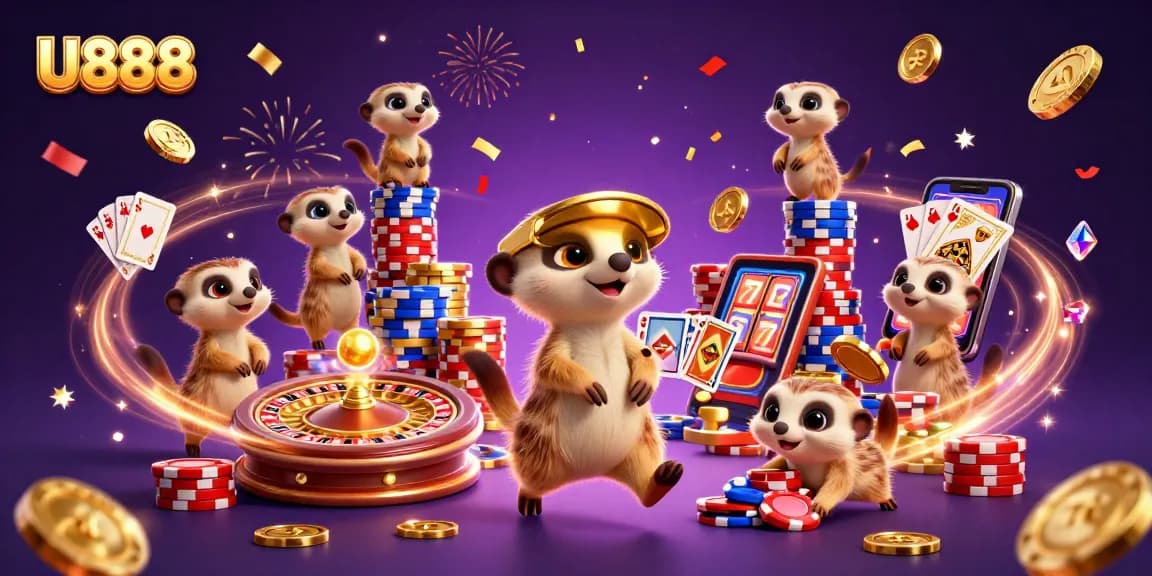 Experience the excitement of U888 with meerkats running a vibrant casino amidst sparkling treasures.