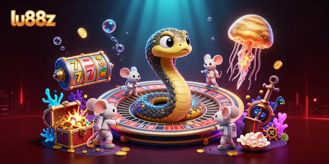 lu88z players engaging in a vibrant cosmic gambling scene with roulette and slot elements