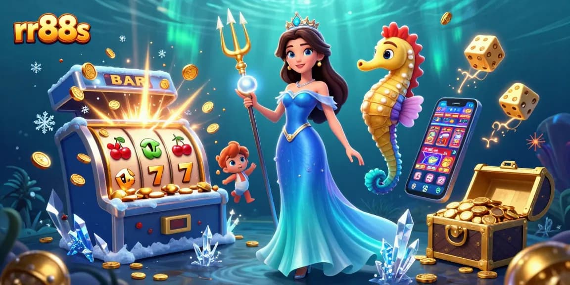 Experience exciting wins at rr88s with vibrant 3D illustration of a captivating casino scene, featuring a pearl and a seahorse king.