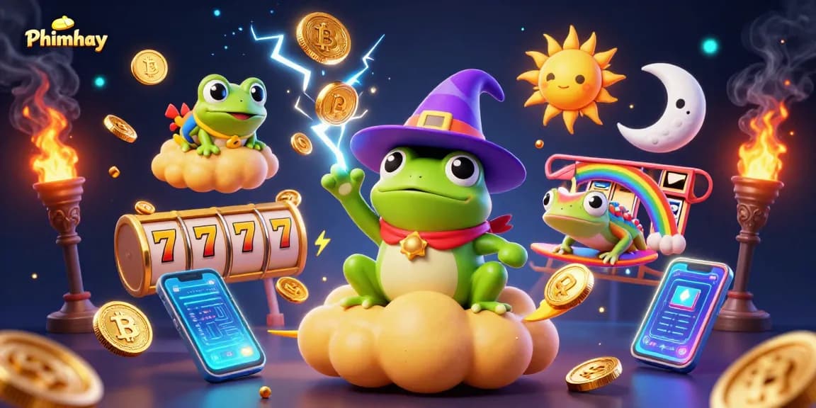 Engage in thrilling gameplay with Phimhay's vibrant casino scene featuring a weather wizard frog and dynamic golden elements.