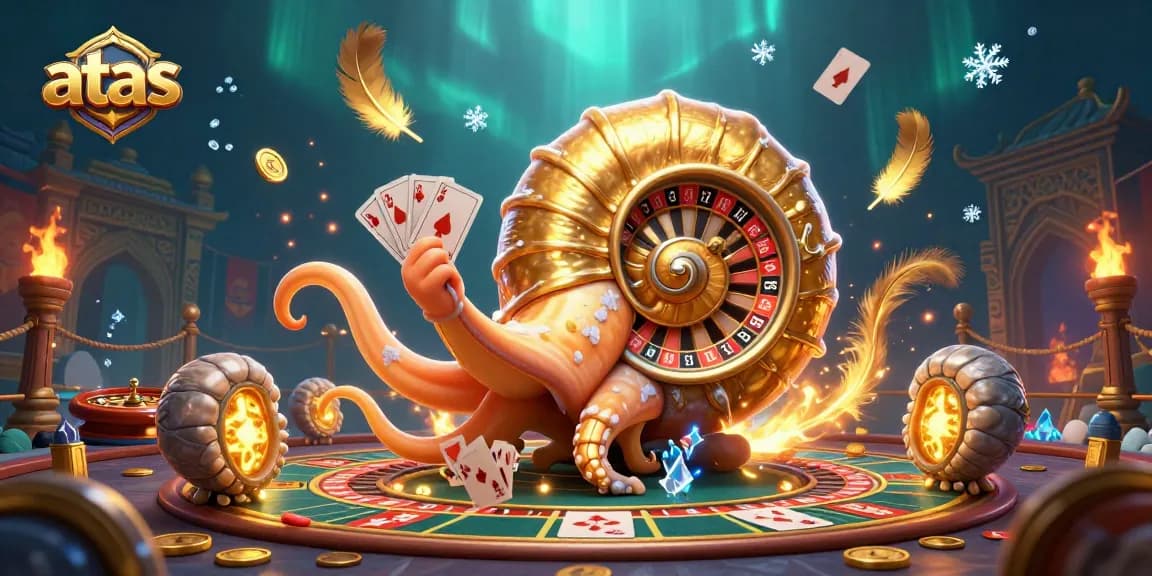 Engage with atas casino's vibrant live games featuring a giant nautilus roulette and glowing characters.
