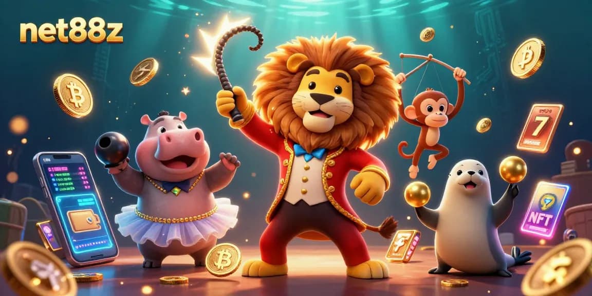Experience net88z action with cartoon characters amidst slot reels and crypto elements.