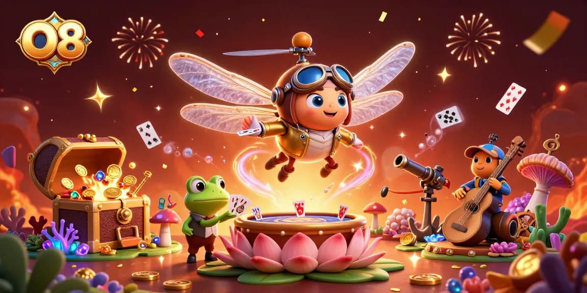 Experience the thrill of O8's vibrant casino with a lively dragonfly pilot and frog dealer in action.
