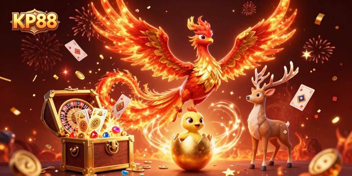 Engage with KP88's thrilling gaming world featuring cartoon phoenixes, treasures, and vibrant casino elements.