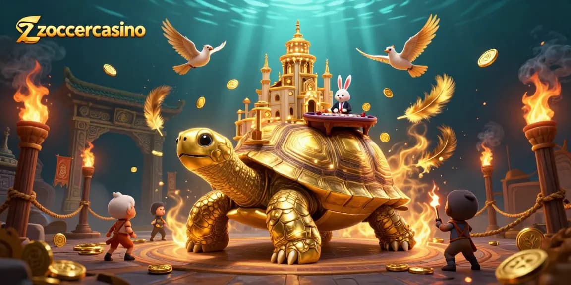 Erlebe die aufregende Welt von zoccercasino mit einem goldenen Schildkröten-Casino und einem freundlichen Dealer.