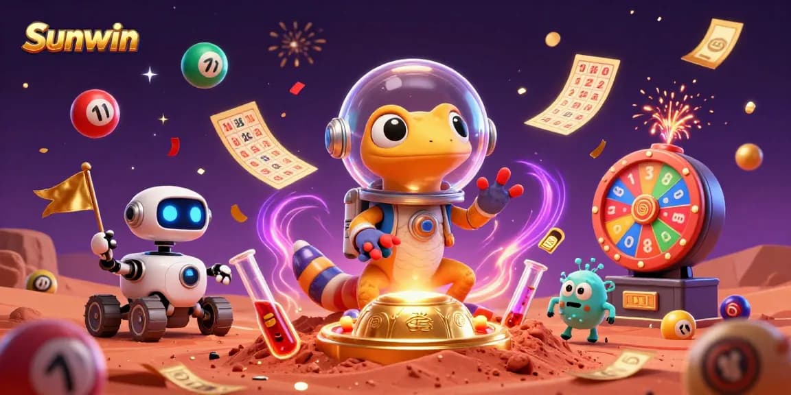 Engage with Sunwin as the Martian gecko uncovers a golden casino amidst a vibrant galaxy.