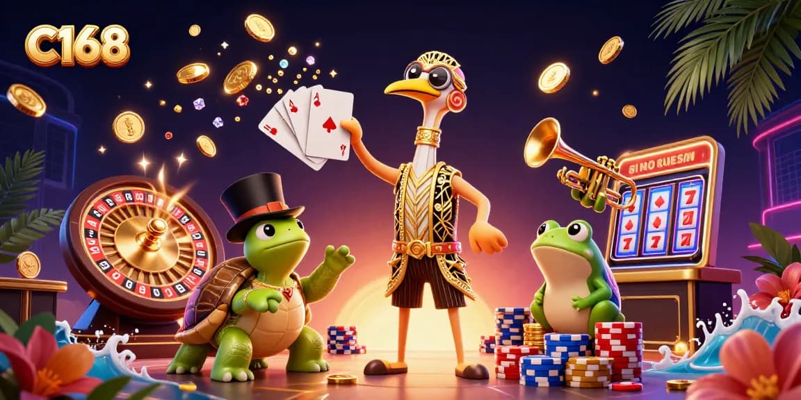 C168 offers a vibrant casino experience with golden coins cascading and a lively gaming atmosphere.