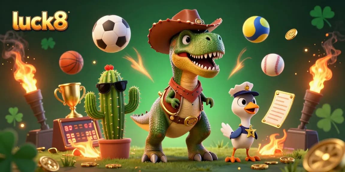 Engage with luck8 for thrilling betting action in a vibrant animated scene featuring a dinosaur cowboy.