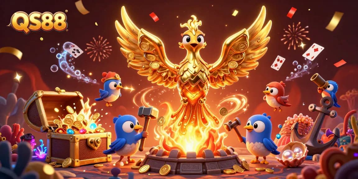 Experience the excitement of QS88 with a dynamic golden phoenix and treasures in vibrant casino illustration