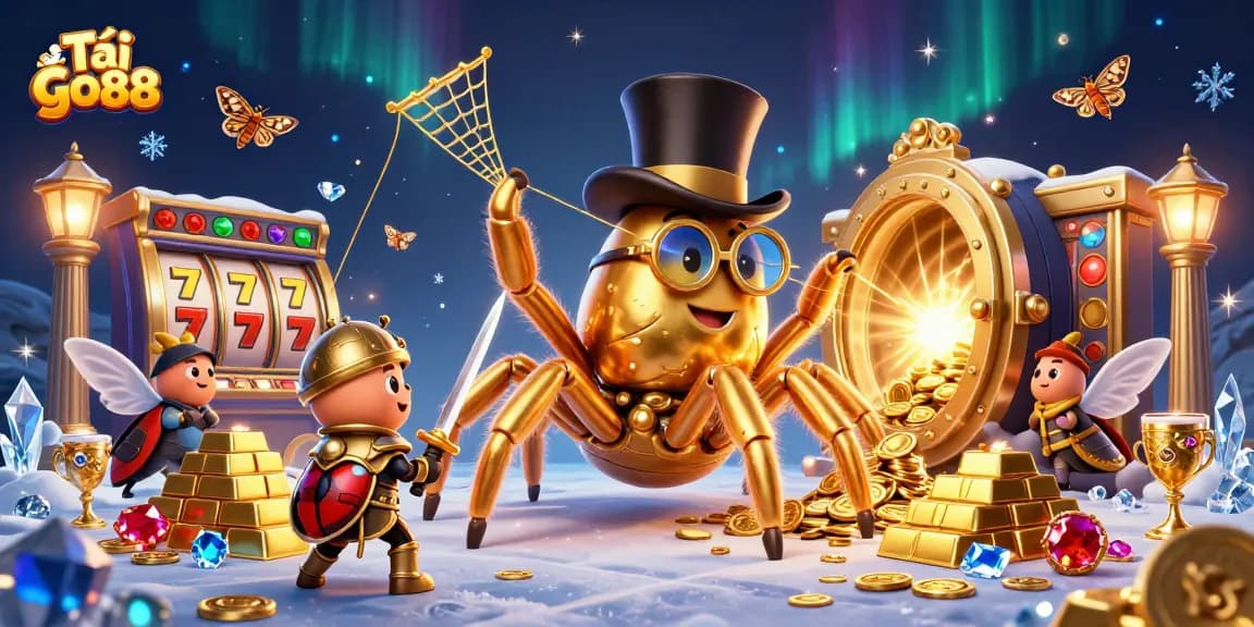 Tải go88 features a golden tarantula and adventurous beetle knight amidst vibrant casino elements.