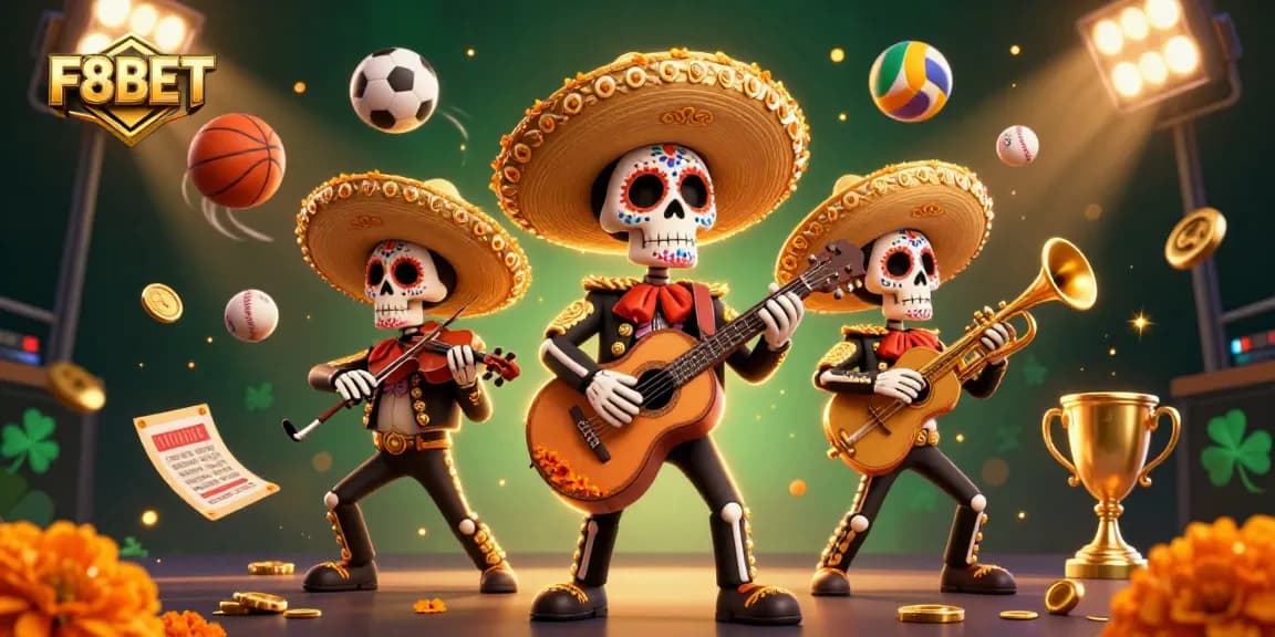 Bet on F8BET with vibrant mariachi celebration and sports betting action, full of excitement.