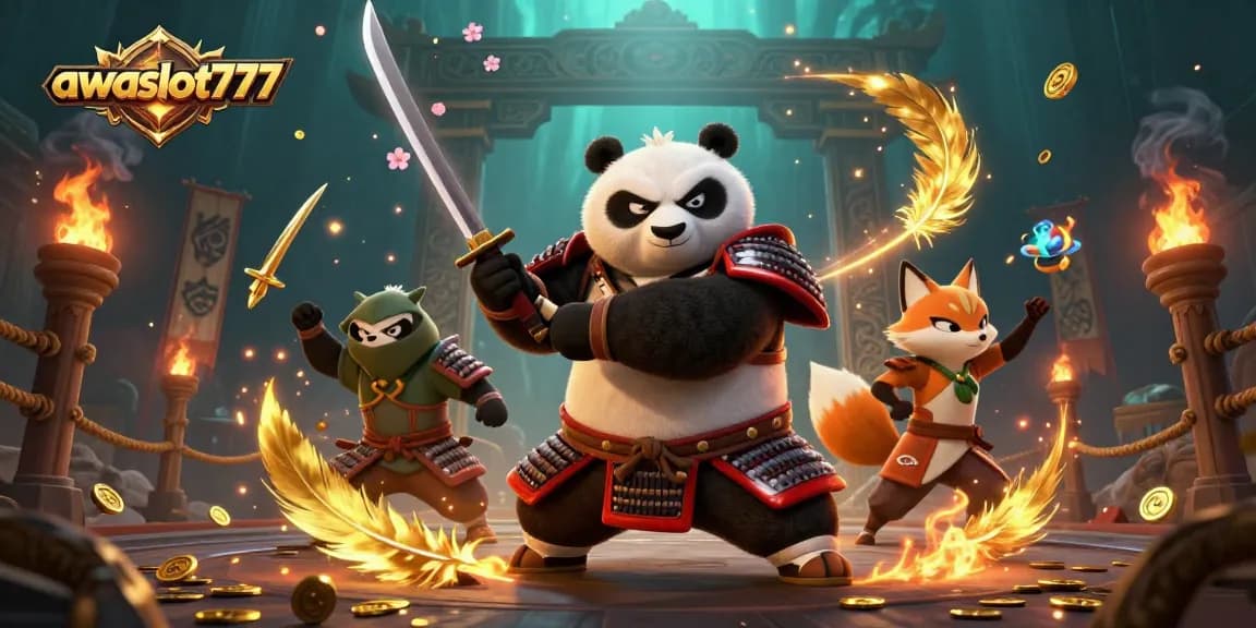 Experience excitement with the awslot777 gaming scene featuring samurai panda and ninja fox.