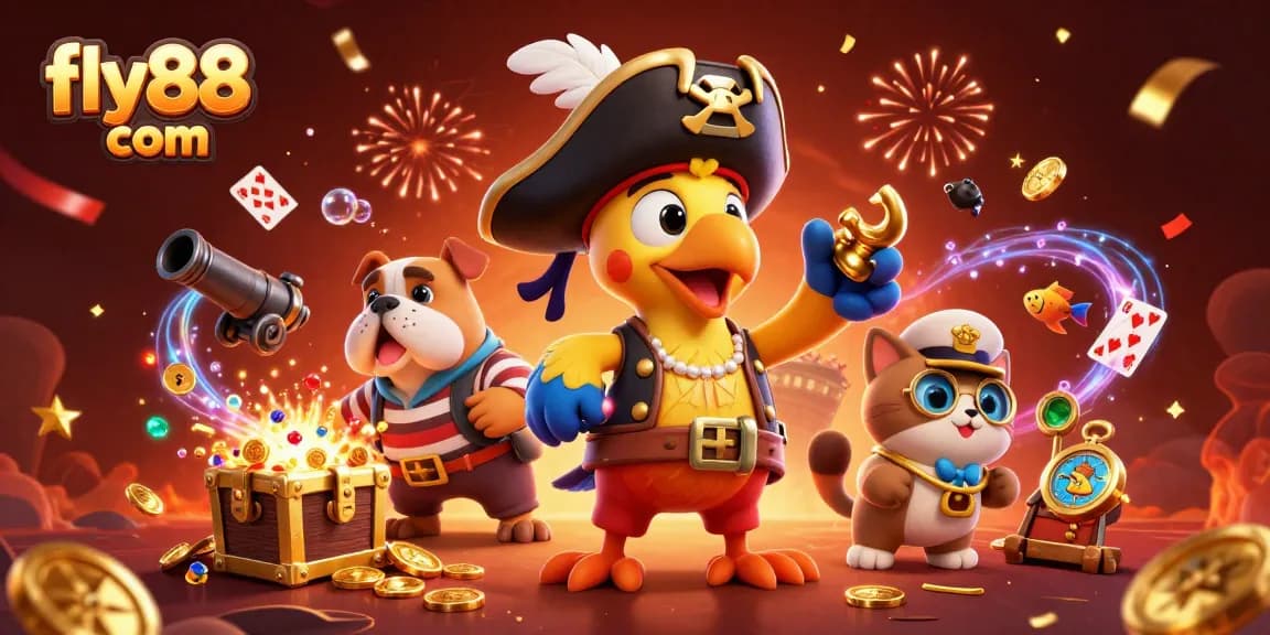 Join the excitement at fly88 com with this 3D casino illustration showcasing vibrant pirate-themed elements.