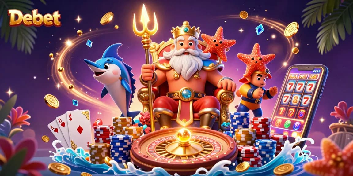 Experience Debet's vibrant casino adventure with Neptune, dazzling coins, and thrilling game elements.