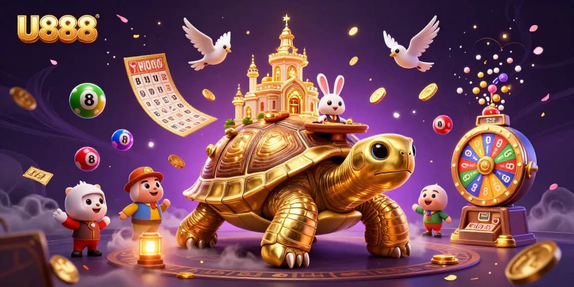 Experience exciting gameplay at U888 with a vibrant scene featuring a golden tortoise and thrilling casino elements.