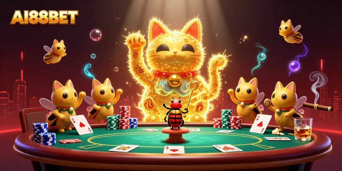 Experience an exciting atmosphere at AI88BET with a vibrant lucky cat in a poker scene.