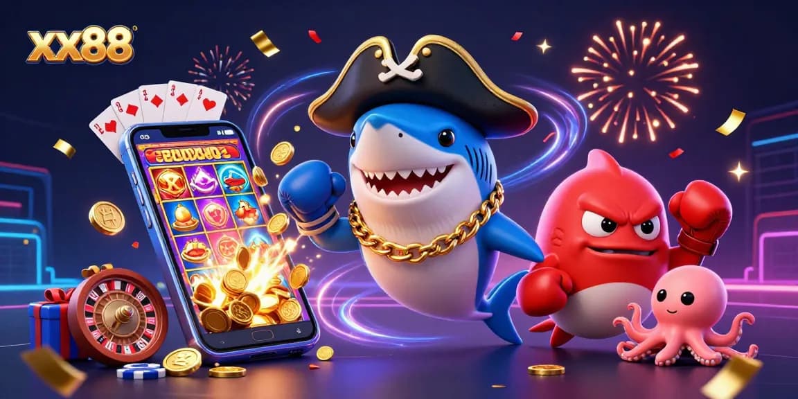 xx88 showcases an exciting 3D casino scene featuring a pirate shark, boxing pufferfish, and octopus with gold coins.
