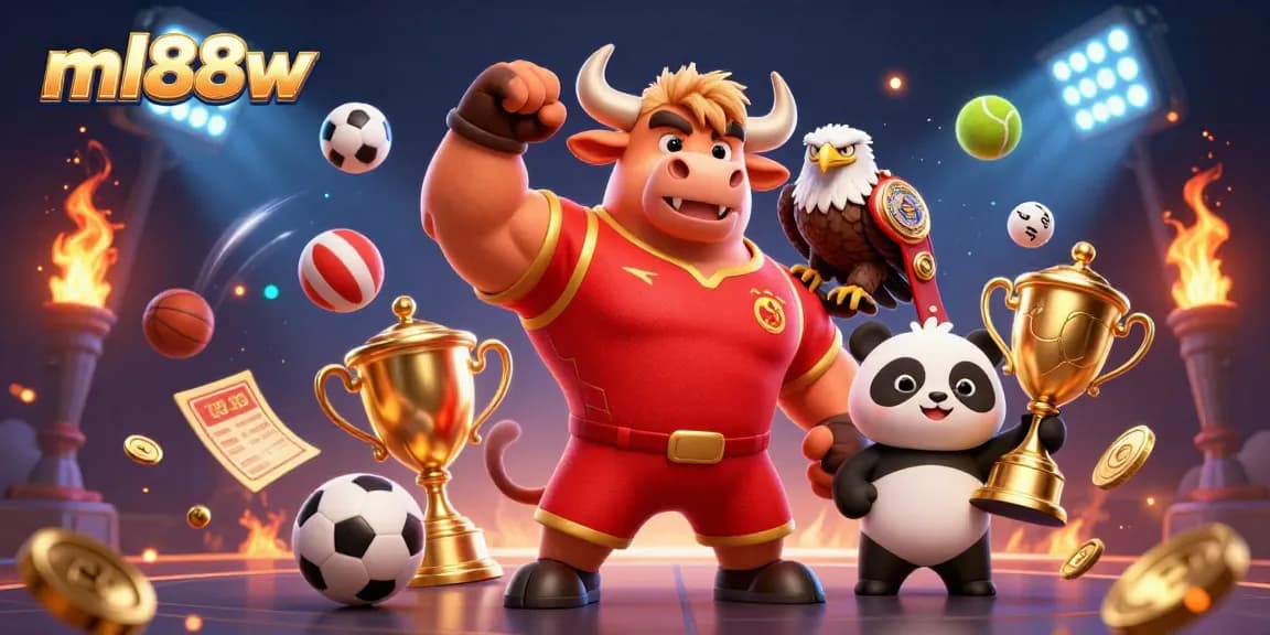 Win big with ml88w as the bull mascot celebrates beside a fierce eagle and a panda trophy holder