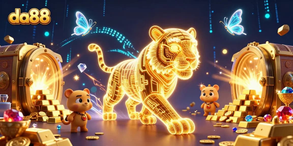 Experience gaming excitement at da88 with a vibrant 3D casino scene featuring a glowing tiger and treasure.