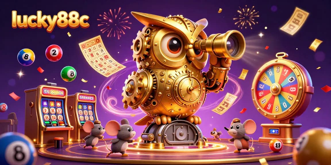 Experience winning moments with lucky88c in this vibrant casino scene featuring a golden owl and lively elements.