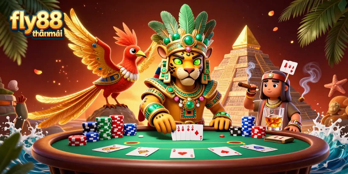 Experience the excitement of fly88 khuyến mãi with a vibrant Mayan-themed poker scene full of energy and detail.