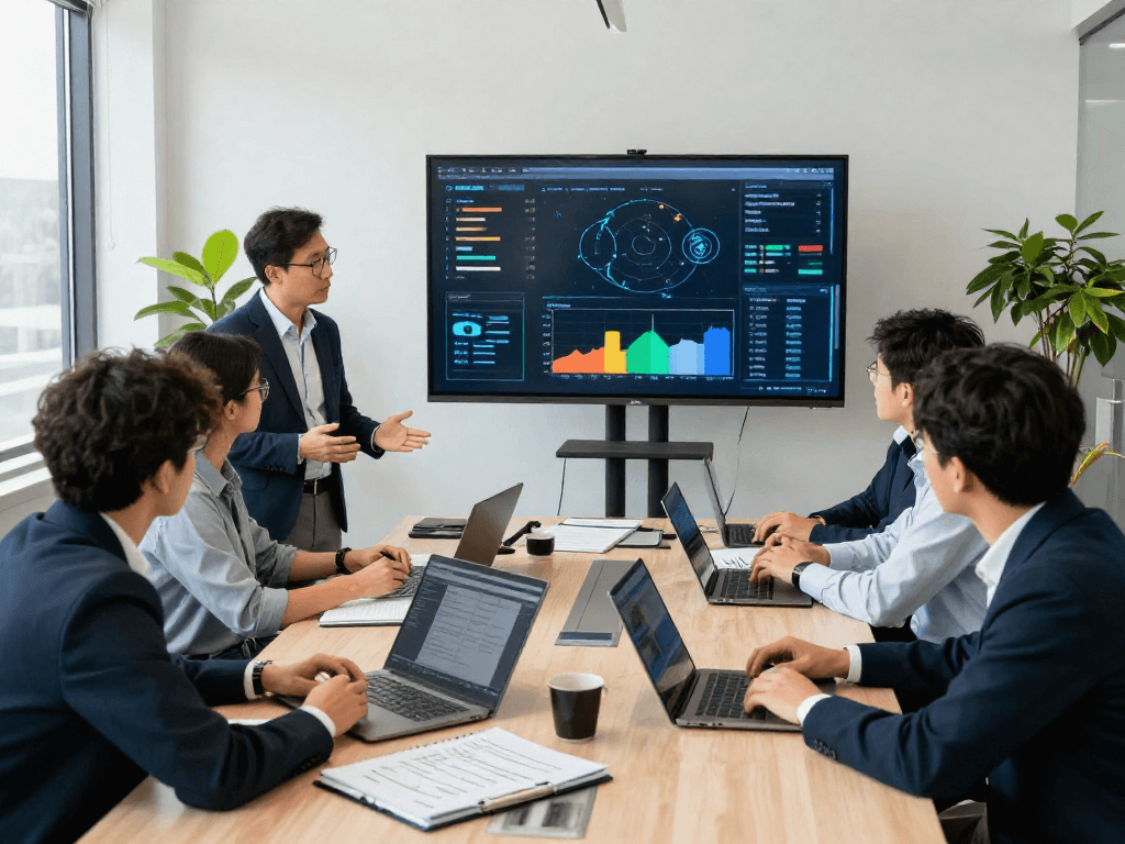 IT-Sicherheit Unternehmen - IT-Sicherheit Berater erklärt Cyberstrategien in einem modernen Büro