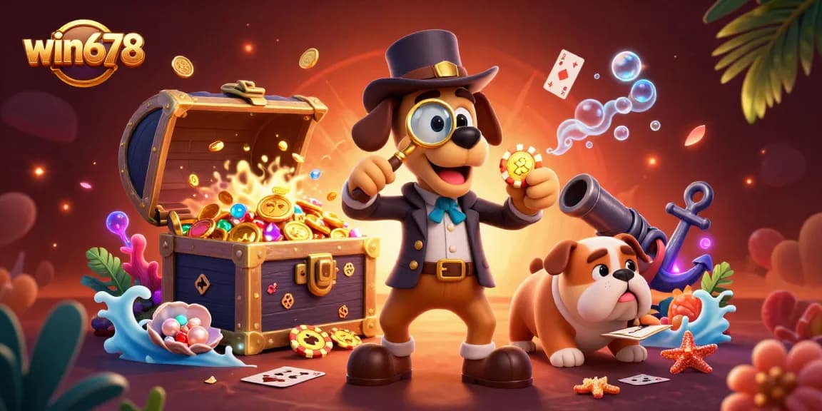 win678 players engaging with vibrant golden poker chips and thrilling underwater treasure in a 3D casino scene